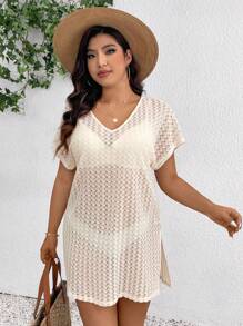 SHEIN Frenchy Plus Size Plain V-Neck Short Sleeve Sheer T-Shirt, Casual Holiday - Apricot - View 5