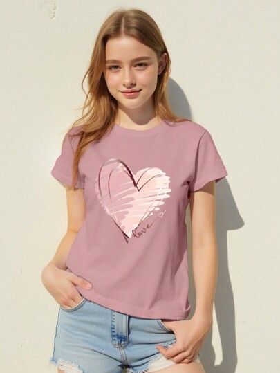 SHEIN Camiseta de manga corta, cuello redondo y estampado de corazón, de estilo casual y sencillo, adecuada para el verano, para adolescentes