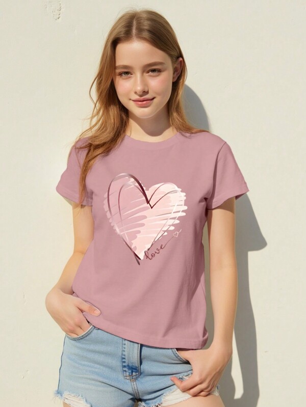 Tricou cu mânecă scurtă, cu gât rotund, cu imprimeu simplu, ocazional, potrivit pentru vară