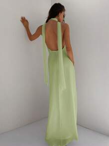 Aloruh 女式深 V 领露背度假长款雪纺连衣裙，配系带，合身喇叭裙款式，适合婚礼、派对、春夏季