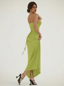 Aloruh Minimalist Elegant Asymmetrical Metal Buckle Decor Sleeveless Bodycon Midi Dress For Women