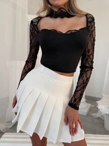 Aloruh Sexy Modern Long Sleeve Lace Patchwork Women T-Shirt For Going Out, Valentines Day