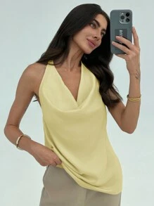Aloruh Minimalist Halter Chic Draped Neck Fitted Color Block Women Tank Top - Yellow - View 6
