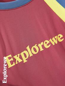 SHEIN Áo thun tay dài in chữ khối màu cổ tròn tay raglan cho bé gái tuổi mới lớn - Màu hồng gỉ - Xem 3