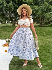 SHEIN MOOSTA Plus Size Layered Patchwork A-Line Long Skirt, Casual Elegant Holiday Style, Blue & White - Blue and White - View 4