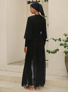 Swim Mulvari Burkini long à manches longues de couleur unie pour femmes, casual et pour le port quotidien en vacances à la plage d'été. Vêtement arabe - Noir - Voir 2