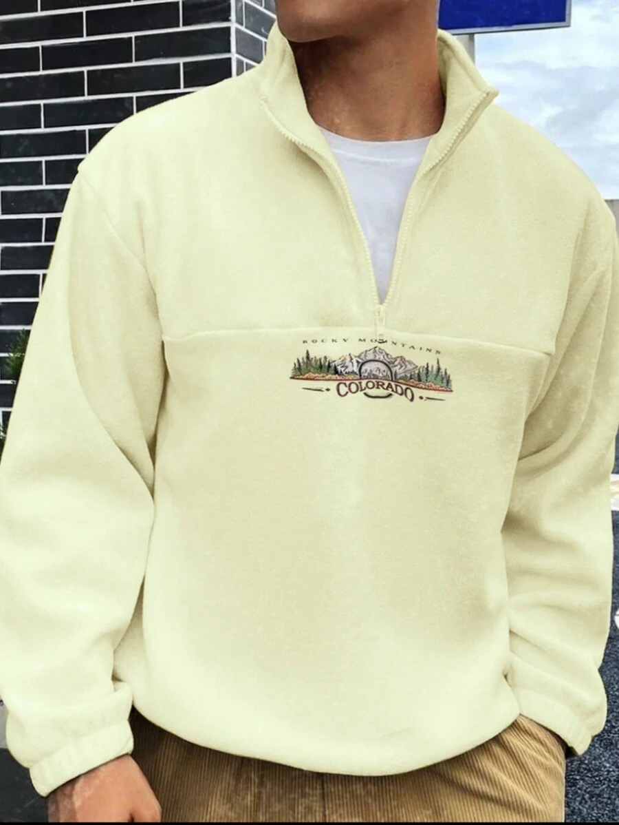 SHEIN Manfinity Dauomo Men's Letter Print Zipper Partial Placket Long Sleeve Sweatshirt - Beige - View 1