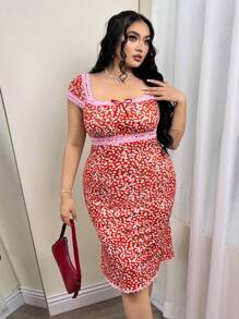 SHEIN ICON Plus Size Ditsy Floral Dress With Square Neck And Lace Trim Decor, Suitable For Valentine's Day Date Outfit - Multicolor - View 1