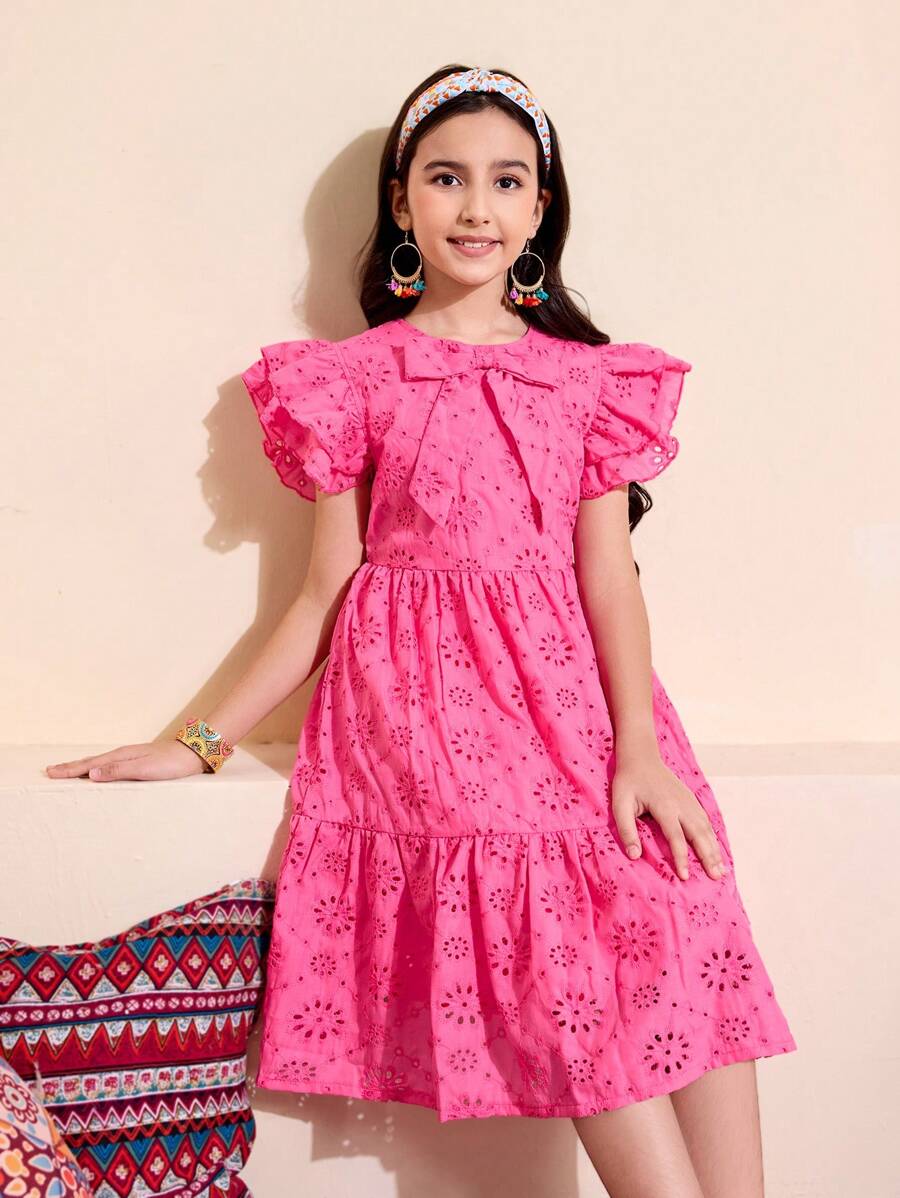 SHEIN 1pc Tween Girl Ruffled Cap Sleeve Large Bow Cutout Floral Print Vacation Dress, Suitable For Outdoor Holiday, Spring/Summer,Holiday Summer Travel - Hot Pink - View 1