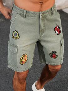 Manfinity LEGND 男士简约纽扣前口袋休闲牛仔短裤，日常穿着 - 綠色 - 查看 1