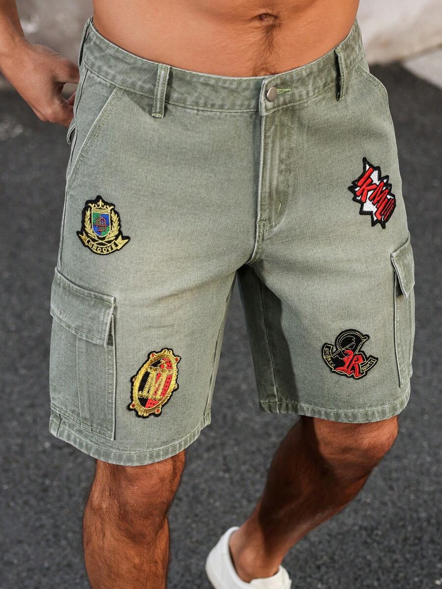 Manfinity LEGND 男士简约纽扣前口袋休闲牛仔短裤，日常穿着 - 綠色 - 查看 1