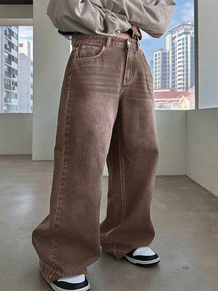 Dazy Petite Plus Washed Brown Loose Straight Leg Jeans, Suitable For All Seasons