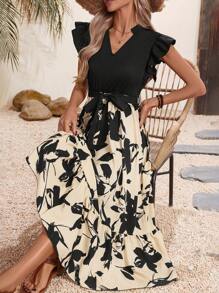 Breezaya 女式花卉印花盖袖收腰喇叭连衣裙 - 彩色 - 查看 5