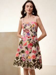 Anewsta 女士中长款太阳裙，夏季花卉印花连衣裙 - 杏色 - 查看 7