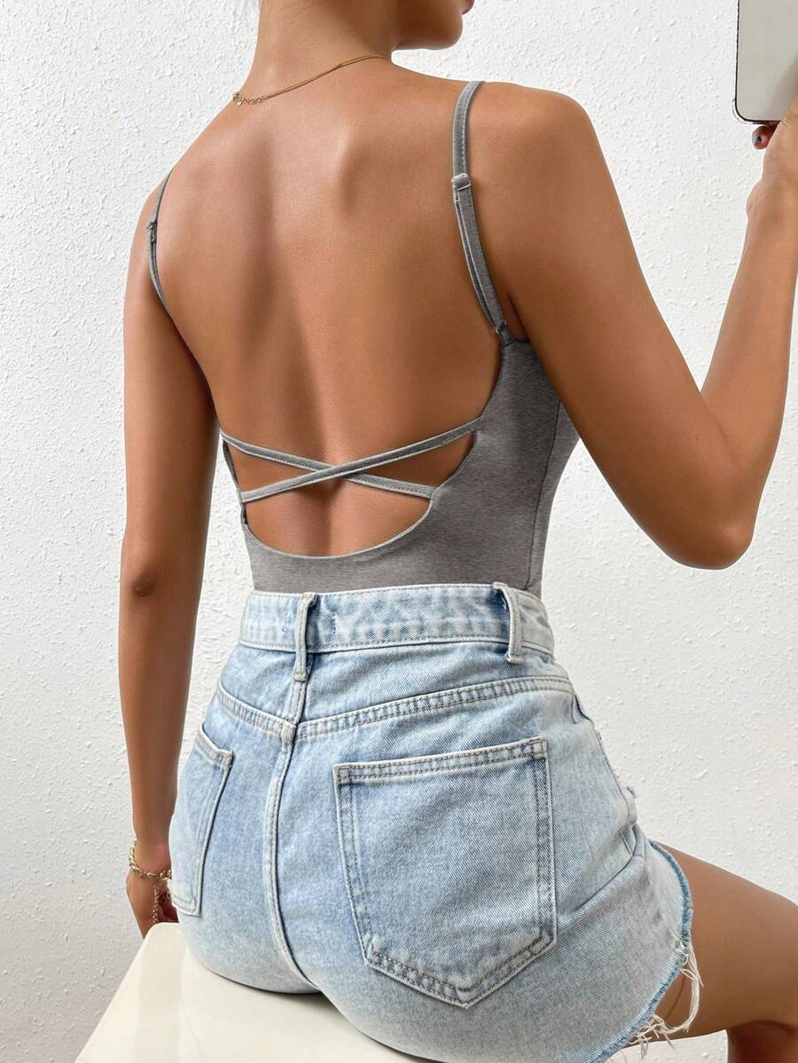 SHEIN Privé Minimalist Casual Daily Wear Sleeveless Bodysuit Camisole - Grey - View 1