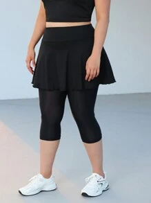 SHEIN EZwear Plus Size Black Running Skirt With Built-In Pockets, Leggings