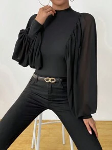 Chiquease Nouvelle blouse française de style dame élégante, sexy, semi-transparente à manches chauve-souris. Chemise en chiffon noir