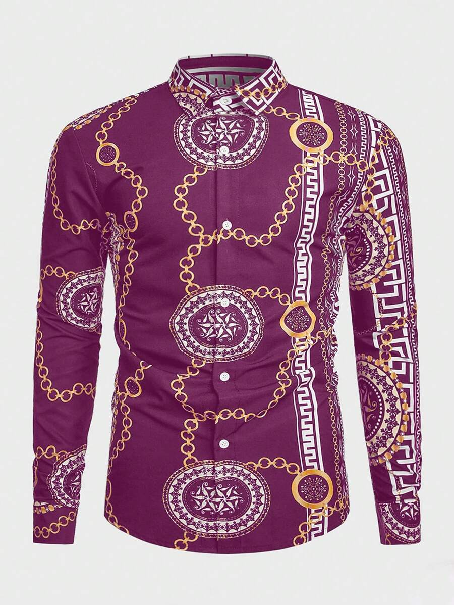 Manfinity AFTRDRK 男士休闲全印花前扣长袖衬衫，夏季 - 紫色 - 查看 1