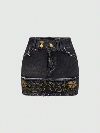 Fairycore Falda vaquera mini casual con bordado floral, bolsillo y dobladillo deshilachado para mujer