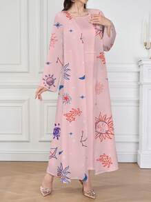 Al Najma Women's Sun Face Print Long Sleeve Abaya - Multicolor - View 4