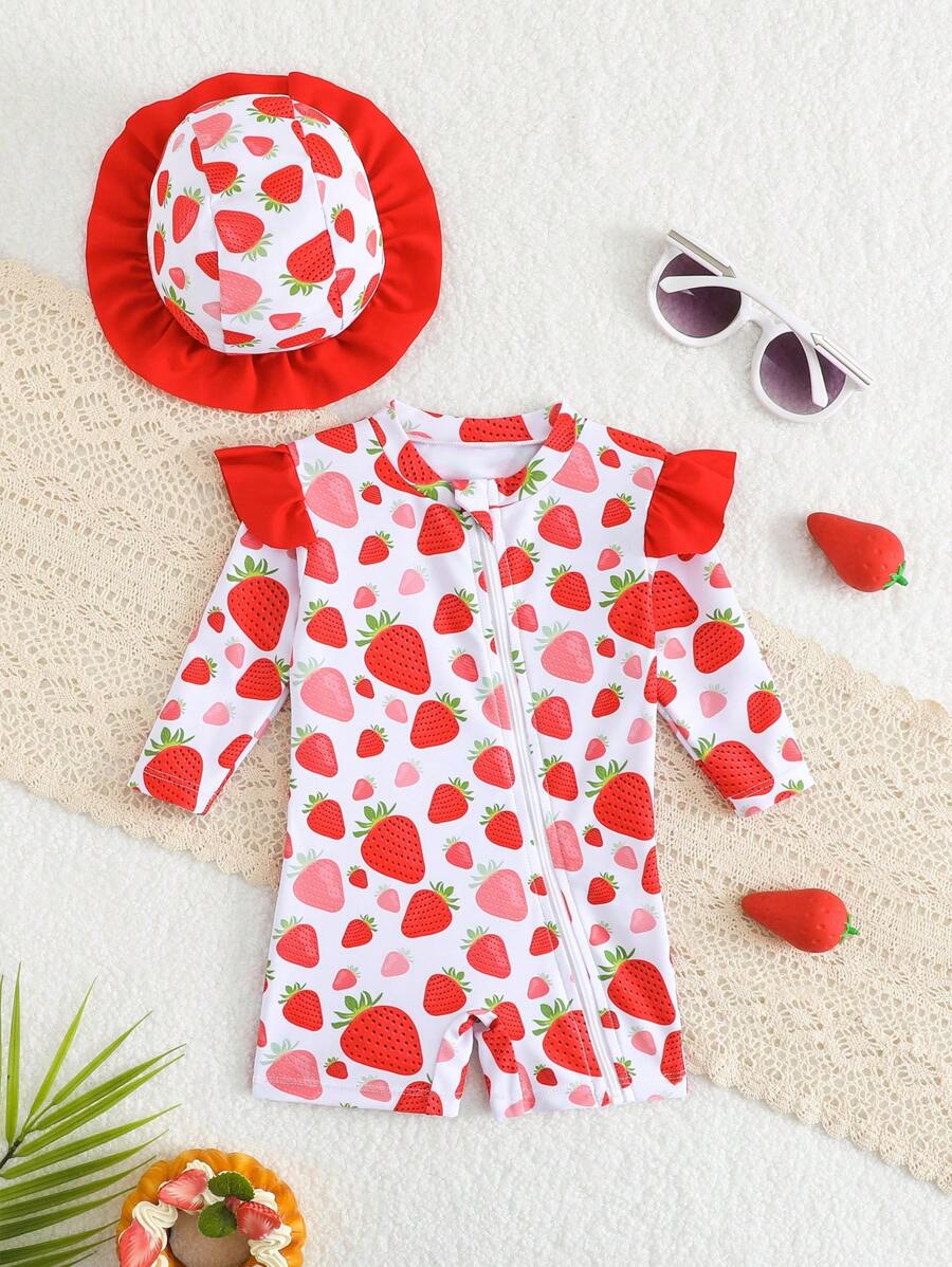 Newborn Girl Cute Strawberry Print Long Sleeve Ruffle One Piece Swimsuit With Sun Hat