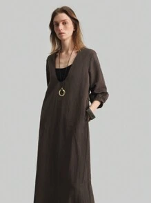 Ontre Women Short Sleeve Round Neck Simple Elegant Straight Long Dress - Chocolate Brown - View 4