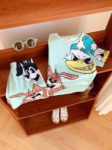 Set van 2 stuks met casual, comfortabele, stijlvolle T-shirts en shorts voor jongens met groot konijnenpatroon, geschikt voor het voorjaar en de zomer.
