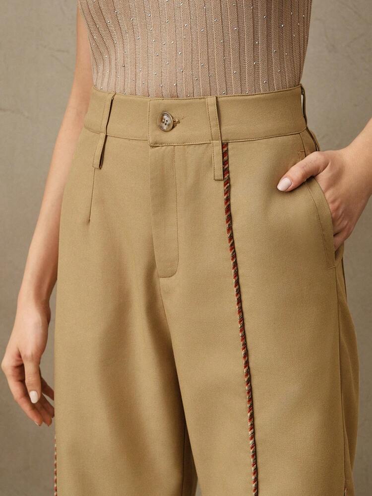 Wide Leg Linen Blended Casual Pants With Pockets, Elegant & Casual