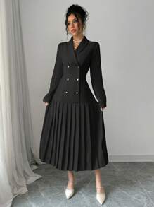 Elenzga Women's Elegant Commuter Turn-Down Collar Double-Breasted Cinched Waist Pleated Hem Long Sleeve Long Dress, Spring/Autumn/Winter Maxi Women Outfit Fall Cloth For Women - Black - View 3