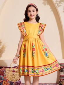 Tween Girls Floral Print Cap Sleeve Dress, Spring/Summer,Holiday Summer Travel - Yellow - View 5