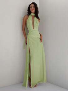 Aloruh 女式深 V 领露背度假长款雪纺连衣裙，配系带，合身喇叭裙款式，适合婚礼、派对、春夏季