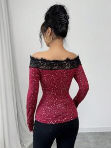 Chiquease 女士亮片面料拼布花卉边饰修身性感露肩 T 恤 - 紅色 - 查看 2