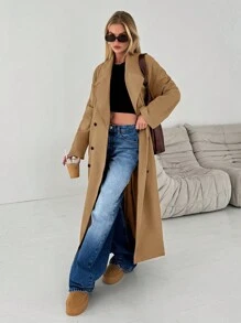 RueChic Women's Double-Breasted Shell Belt Long Over Long Trench Coat - Camel - View 4