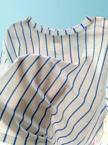 SHEIN 2pcs/Set Young Boys Casual Street Cute Resort Cartoon Animal Group Graphic Loose Round Neck Short Sleeve White & Blue Striped T-Shirt And Blue Shorts Outfit, Suitable For Spring/Summer - Multicolor - View 6