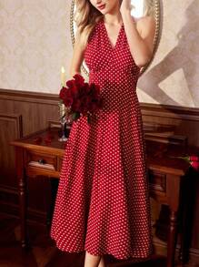 Vintamour 复古优雅女士波尔卡圆点吊带修身连衣裙，搭配喇叭裙，红色情人节情人节服装夏季女士连衣裙女士优雅婚礼宾客礼服女士红色连衣裙优雅波尔卡圆点连衣裙 - 紅色 - 查看 5