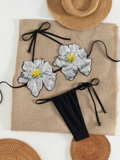 Swim Mod Women's New Sexy Sequin Decor Halter Tied Bikini Swimwear Set, For Summer Beach Vacation