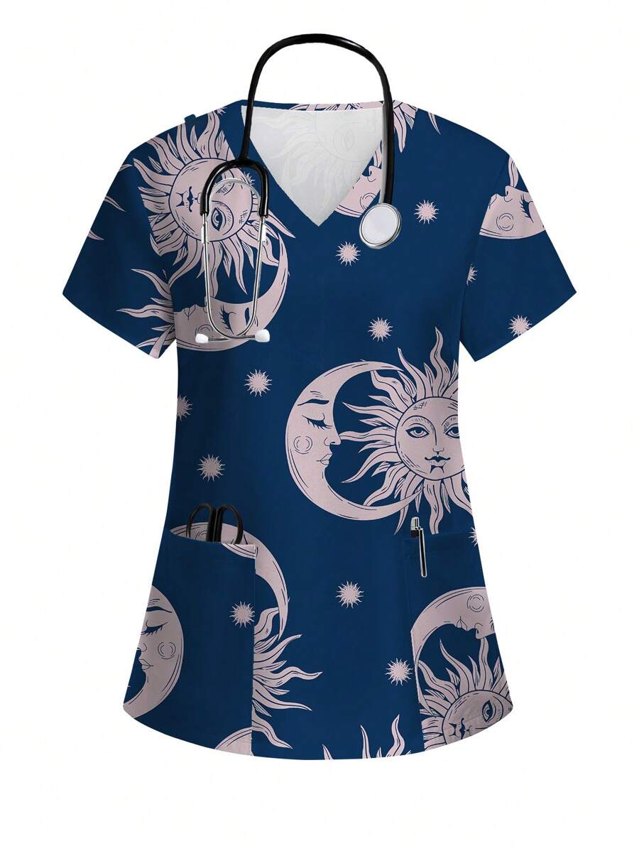 PopScrub V-hals korte mouw zon gezicht print kliniek scrub uniform top set scrub set verpleegster jurken scrub tops scrub broeken labjassen scrub bovenkleding print V-hals frosted scrub top, casual korte mouw werkkleding, vrouwen sweetheart v-hals gerimpelde blouse, vrouwen korte mouw v-hals verpleegster scrub uniform shirt met 2 zakken, zachte elastische gerimpelde grafische tee - Wit - Bekijken 1