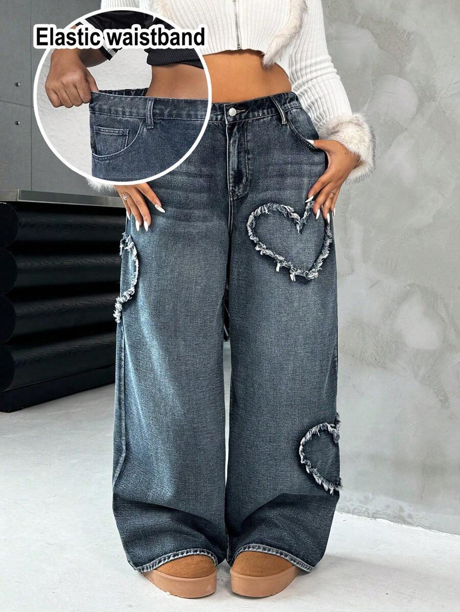 SHEIN CURVE+ 女式加大码灰蓝色牛仔裤心形图案松紧腰带修身直筒裤 - 灰色 - 查看 1