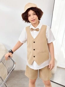 3 件套青少年男孩 2 合 1 衬衫（配领结和短裤）加渔夫帽，2 件套服装 - 彩色 - 查看 3