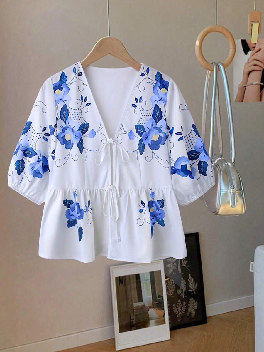 Franclia 女士休闲度假前开领灯笼袖短袖衬衫