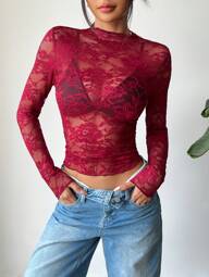 EgrlEra Dames kanten elastische pioenroos transparante sexy kanten
blouse (willekeurige snit)