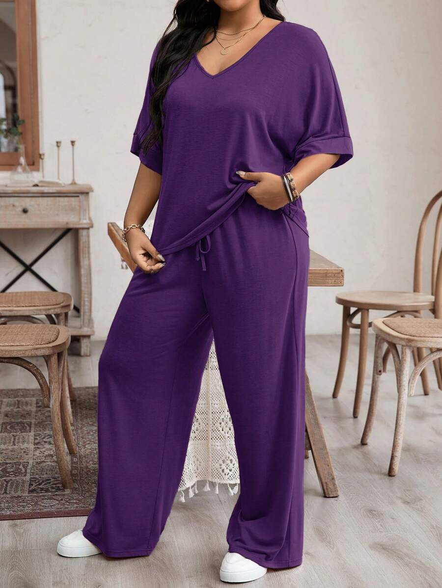 EMERY ROSE 2 Pieces Plus Size Set With Solid Colored Top And Pants, Simple And Fashionable Casual Everyday Wear - Purple - View 1