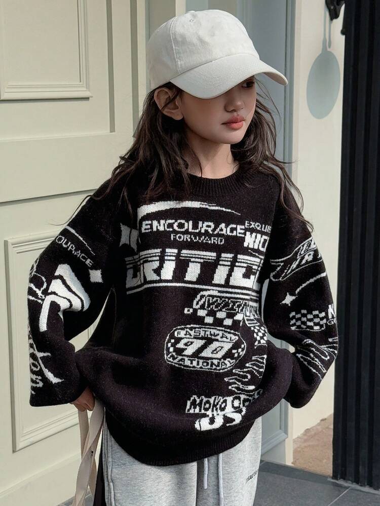 Suéter casual con cuello redondo y estampado all-over de manga larga para niña preadolescente en otoño/invierno, ropa de vuelta al colegio para niña preadolescente en primavera