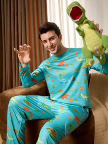Happy Jammies 2 件男士恐龙印花长袖上衣和裤子家居睡衣套装 - 綠色 - 查看 1