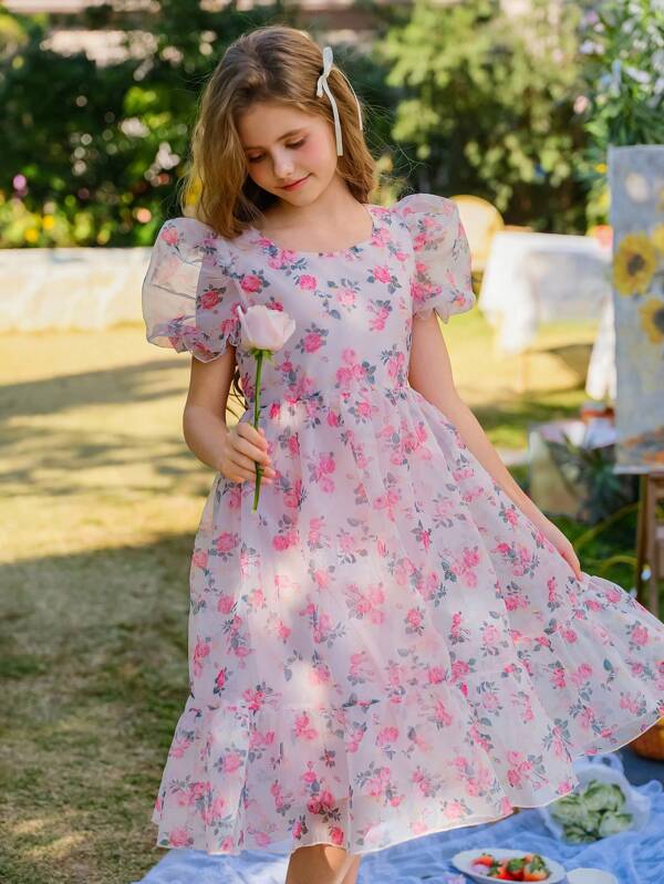 Wildeya Tween Girl Elegant Casual Versatile Puff Sleeve Mid-Length Organza Bow Decor Short Sleeve Dress, Suitable For Outings, Parties, Spring, Summer, Autumn, Girls High-End Clothing, Princess Style, Suitable For Wedding Season, Floral/Partial Decoration