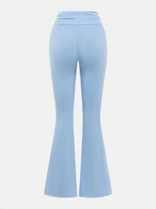 SHEIN Girlism 2pcs/Set Teen Girl Solid Color Casual Ruched T-Shirt And Low Waist Flared Pants Set Holiday Outfits - Blue - View 8