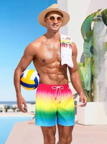 Manfinity Swimmode Shorts casuales de playa con bolsillo y nudo delantero en degradado para hombres, de ocio y vacaciones