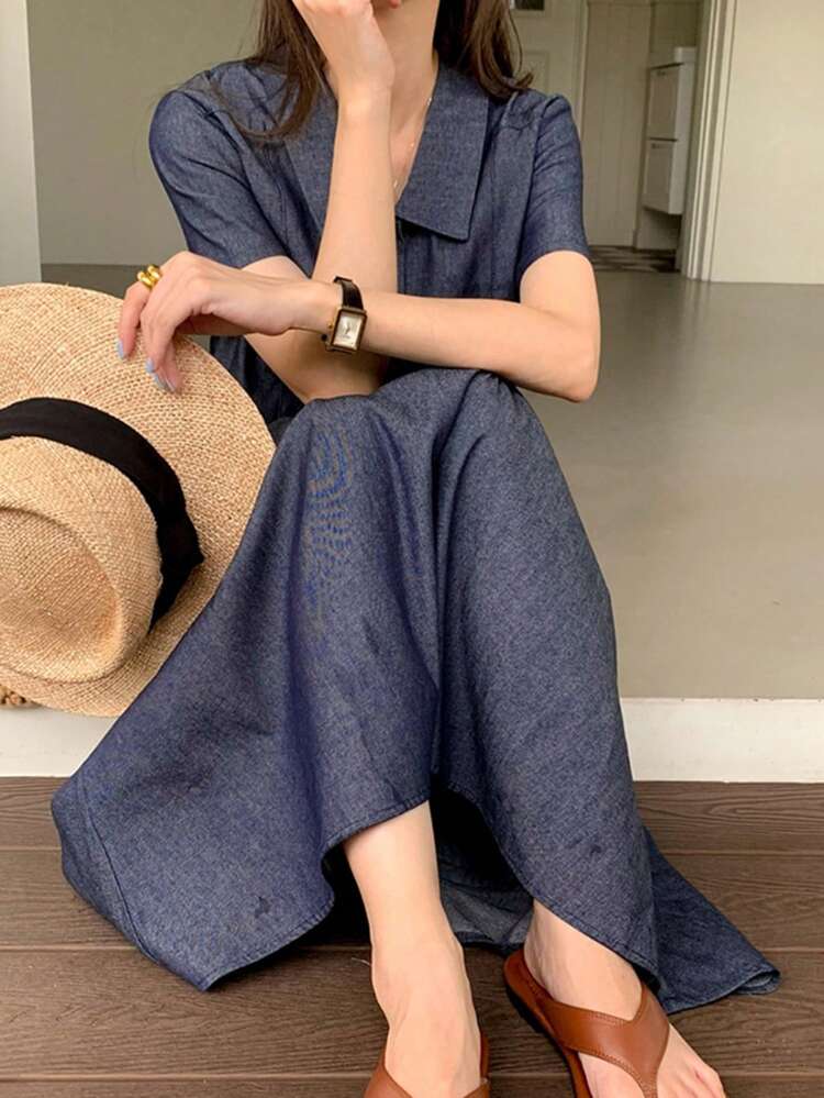 Women's Collared Half-Open Waist Cinch Long Dress, Navy Blue, Spring/Summer SpringStyle Shirt Dress,Casual Women Dresses Maxi Dress