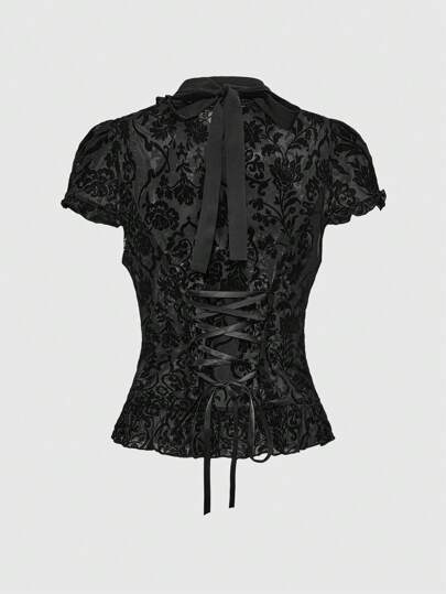 ROMWE Blouse femme de style gothique vintage style palais avec col volant amovible à volants, pendentif baroque en diamant, manches évasées à volants, taille avec lien