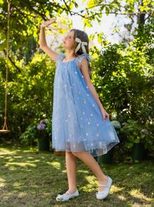 Wildeya Tween-Mädchen Ärmelloses Kleid, elegantes, wunderschönes, süßes Netzvolant-Kleid mit bunten Schmetterlingen, blau, geeignet für Sommer und Frühling, geeignet für Partys und Feiertage